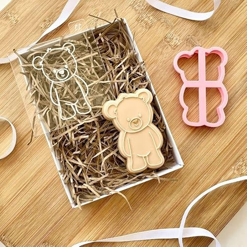 LissieLou Cutesy Sitting Teddy Bear Cookie Cutter and Embosser Baby Shower - Light Pink/Clear