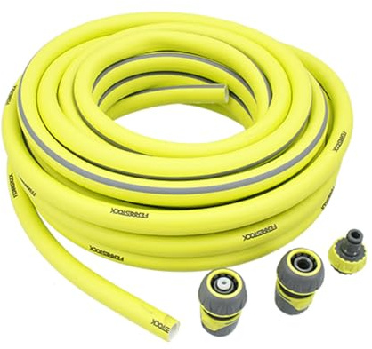 Ferrestock Manguera de Jardín de 20 Metros, 5/8 de Grosor (15,8mm), Antitorsión, PVC Flexible con Refuerzo de Poliéster, 3 Capas, Resistente a los Rayos UVA, Antialgas, Incluye Accesorios.
