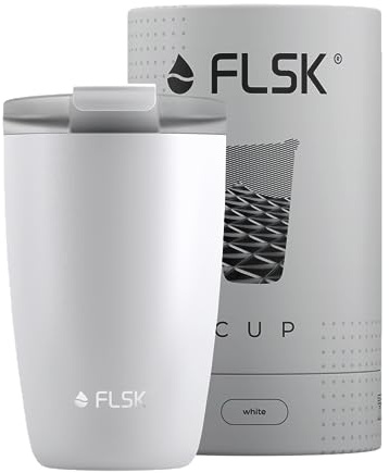 FLSK CUP Edelstahl Mehrwegbecher für unterwegs (350 ml, 500 ml) - 3 h heiß, auslaufsicher, inkl. plastikfreier Tubebox und Mikrofaser-Buddy, ideal für Reisen, Büro oder Auffüllen im Café