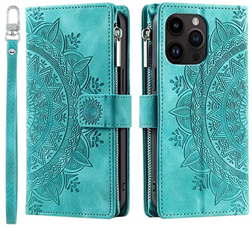 VEEMOS Handyhülle für iPhone 15 Pro Max hülle Klappbar Blumen Handytasche Schutzhülle Klapphülle mit Kartenfach Handy Tasche Book Cover Flip Case Ständer - Grün