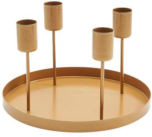 matches21 Schöner Kerzenhalter mit Dekotablett für Stabkerzen - Adventskranz aus Metall in Gold - Dekoteller für Tischdeko Ø 18 cm