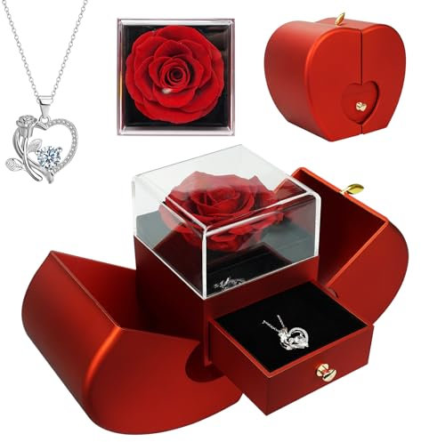 ELEUTH Rosa Eterna con Collar,Rosa Preservada Caja de Regalo, Real Rosa Eterna Natural Preservada Regalo para Mujer Madre para Día de San Valentín Aniversario Día de la Madre Bodas Cumpleaños Navidad