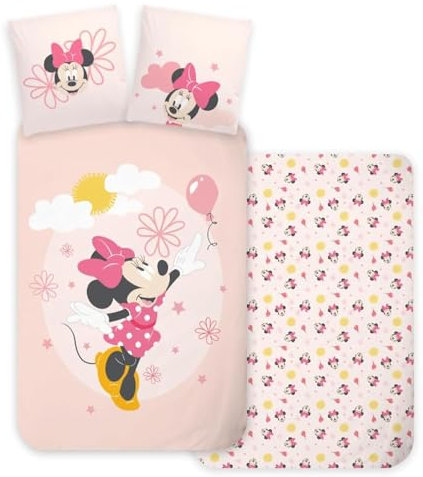 Juego de cama Disney Minnie Bebé, 100% algodón, funda nórdica de 100 x 135 cm y funda de almohada de 40 x 60 cm