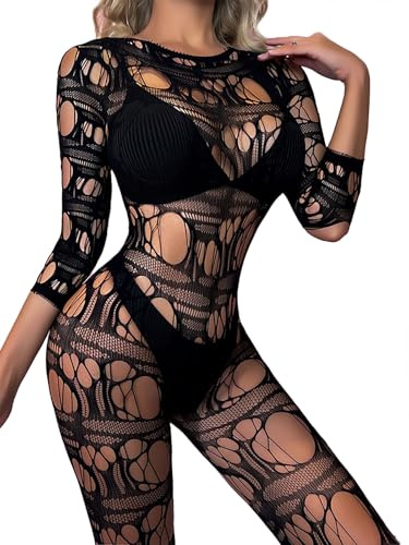 Aucute Sexy Jumpsuits für Frauen Clubwear hohl aus schiere Mesh Bodysuit Fischnetz Bodystocking Outfit Einheitsgröße Schwarz