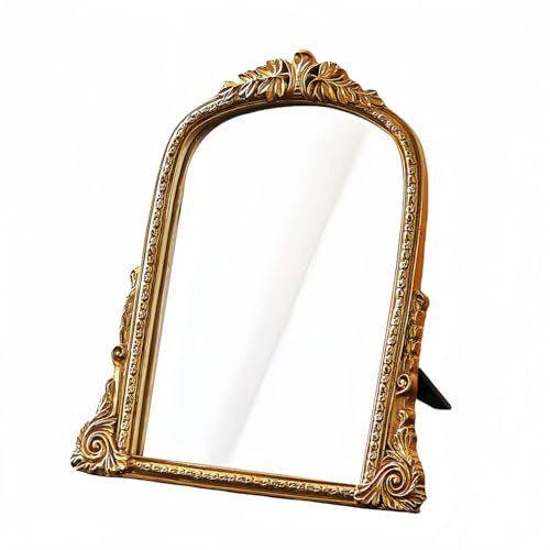 HSDDHOME Vintage Gold Vanity Makeup Desk Mirror - Antique Chic Arch Table Mirror with Carved Resin Frame, Small Standing Arendahl Mirror for Living Room, Bedroom, Tabletop (33.5 cm x 32.5 cm)