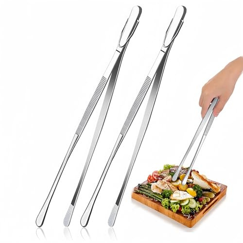 Cooking Tweezers， 2Pcs 12-Inch Stainless Steel ​​Kitchen Tweezers， Kitchen Tongs (30.5cm) with Serrated Tips - Extra-Long Professional Chef Tools for BBQ, Plating, Lab & Gardening