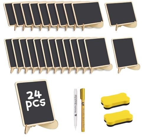 NCZCDZSW Mini Kreidetafel mit Ständer 24 PCS Kreidetafel Aufsteller mit Bringen Sie 2 Ölstift und 2 Tafelradierer zum Beschriften Kleine Tafel für Buffet Hochzeit Party Preisschilder