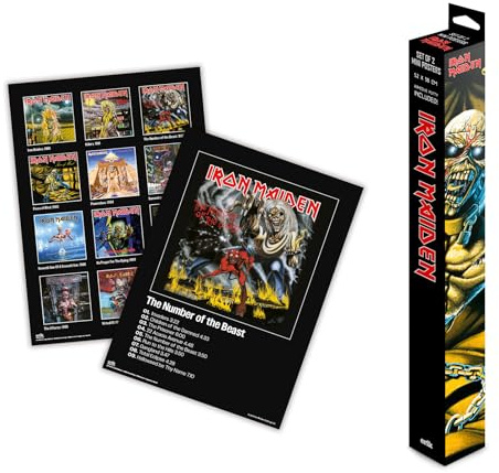 Grupo Erik: Set di 2 Mini PosterIron eMaiden | Pack di 2 Poster da Parete degli Iron Maiden, 38 x 52 cm, Poster da Muro con Carta Lucida + Adesivo Incluso