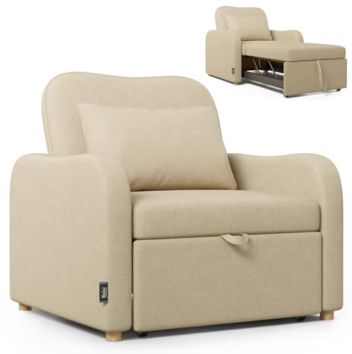 Nalui -Divano letto 1 posto 3 in 1 Buddy 92x97x90cm con schienale regolabile 2 posizioni e cuscino. Divano letto singolo in lino, portata fino a 200 kg. Poltrona relax reclinabile con braccioli, beige
