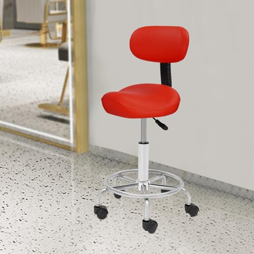 ARBGO Saddle Hocker mit Rückenlehne, 360° Drehbarer Hocker, Höhenverstellbarer Sattelhocker, mit Rückenstütze, Fußstütze und Rollen, für Friseur, Tattoo, Spa, Zahnarztpraxis, Strapazierfähig