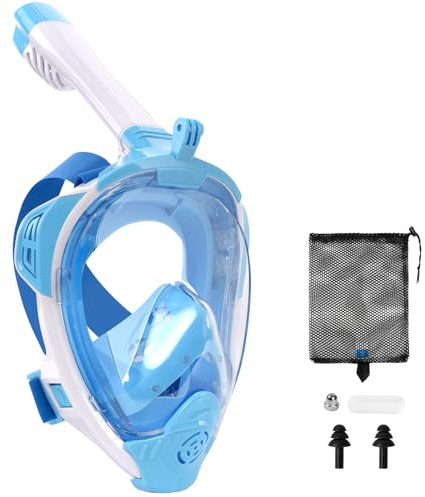 AOOSA Snorkelmask Helmask, 180° Panoramautsikt Anti-Im & Anti-Läckage Snorkelmask Vuxen med Avtagbart Kamerafäste, Avancerat Andningssystem Dry Top Snorkel Set för Vuxna Ungdom-Blå-S/M