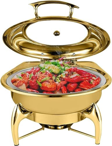 CWCQGH Chafing Dish da 6 Litri per Banchetti Nuziali, Set scaldavivande visibile in Acciaio Inox, Include teglia per Cibo, teglia per Acqua, Contenitore per combustibile,Gold