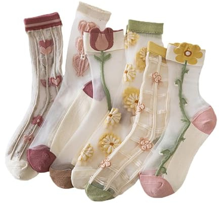Yolhloy Calzini Trasparenti Donna con Motivi Vintage Floreali, Calze a Rete Pizzo Ruches, Calzini alla Caviglia Sottili Estate Socquettes per Donne e Ragazze, 5 Paia