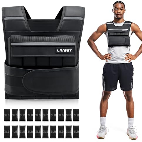 Liveet verstellbare Gewichtsweste für Damen & Herren, 27 kg Gewichtsweste mit 20 herausnehmbaren Gewichten, robuste Laufweste mit reflektierenden Streifen für Walking, Krafttraining & Calisthenics