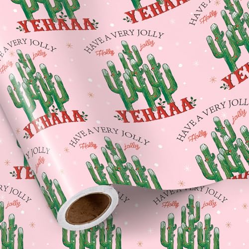 RUSPEPA Cowboy-Weihnachts-Geschenkpapierrolle für Mädchen, Mini-Rolle, Western-Kaktus und „YEHAAA“-Schriftzug, rosa Geschenkpapier für Kinder-Weihnachten, Feiertage, Western-Partys, 43,2 cm x 5 m