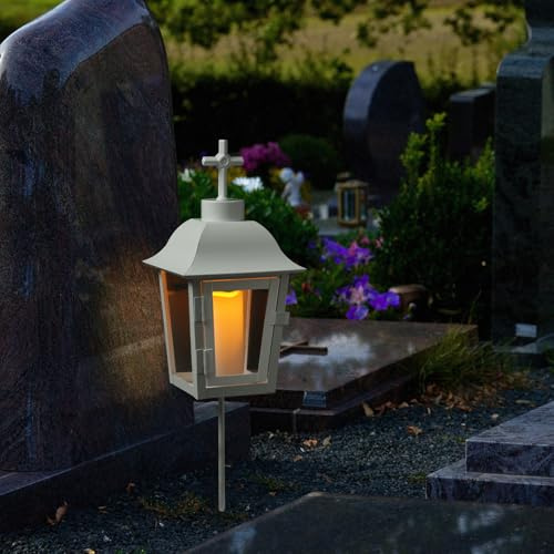 Grablaterne mit Mini LED Kerze Grablicht mit 2 wechselbaren Spitzen (Kugel, Kreuz) und Erdspieß Grableuchte Grablampe Friedhofslaterne Gartenlaterne weiß (Laterne mit Kerze/Typ6)
