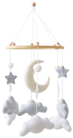Baby Mobile Baby Windspiel, 3D Mond Wolken Stern Mobile Babybett aus Filz, Bettglocke Anhänger für Babybett, Deko Babyzimmer Kinderzimmer, Geschenk für Baby Mädchen oder Jungen (Grau)