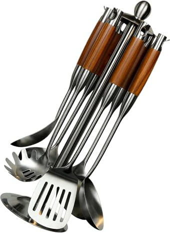 KüMAK 7-teiliger Edelstahl Küchenutensilien Set, Kochutensilien Set, Küchenhelfer, Kochgeschirr Set, Kochlöffel, Schaumlöffel, Schöpfkelle, Nudelkelle, Flachwender & Utensilienhalter (SILBER+HOLZ)