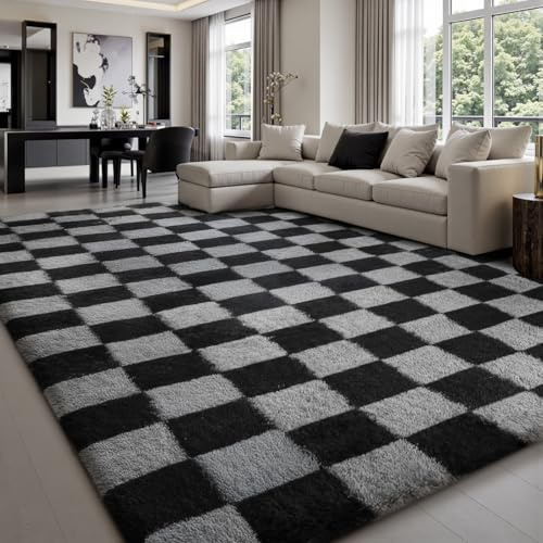 Treeboy Teppiche für Wohnzimmer,200x300cm,Schwarz-Grau Karo-Teppich | für Schlafzimmer,waschbarer,Rutschfester,extragroßer Flauschiger Shaggy-Teppich für Kinderzimmer, Wohnheim