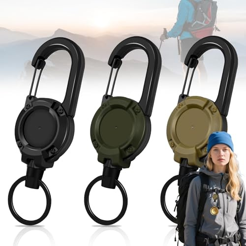 Srup 3 stycken utdragbar nyckel släpvagn, utbytbar touch ID JoJo infällbar, nyckeltrailer med 60 cm ståltrådsrep, infällbar nyckelring (svart, armégrön, kaki)