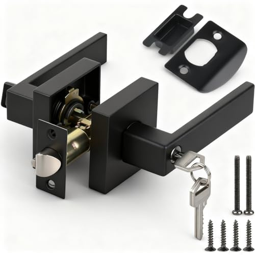 DODUOS Door Lever Handle Lock Black, Door Handles with Lock and Key, Bathroom Door Handles with Locks, Black Door Handle Internal, Square Entry Door Handle for Bedroom Office Left or Right Handing