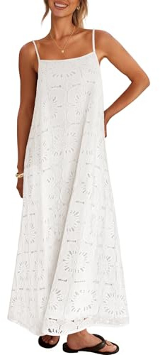 MEROKEETY Women's Summer Spaghetti Straps Sundress 2026 Casual Sleeveless Floral Lace Eyelet Boho Beach Maxi Dress, White, Small