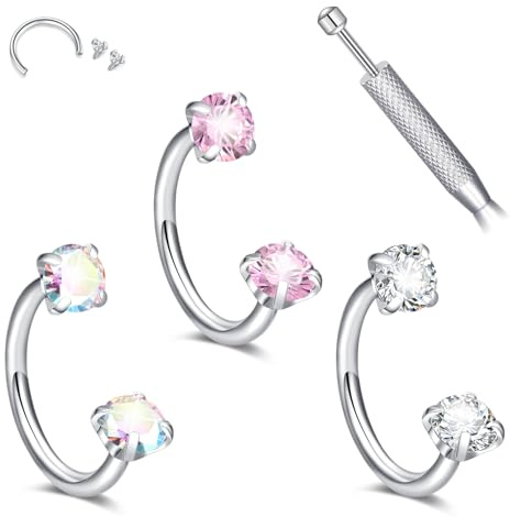 Briana Williams 3pcs Septum Piercing Jewellery 18G Internally Threaded Horseshoe Nose Ring for Women Men CZ, Tragus Piercing Stainless Steel Nose Rings-Silver