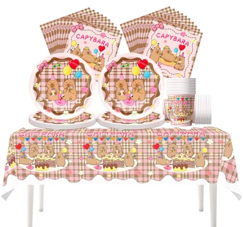 Fuwraixis Capibara Vajilla para fiestas, Tema animal vajilla de Cumpleaños infantil, Set de decoración para fiesta Capibara, incluye platos de cartón, vasos de cartón, servilletas y manteles