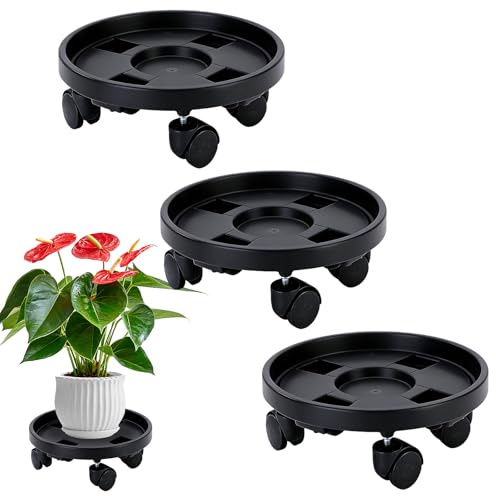 3 stycken växtrullar, 30 cm blomkruksstativ plast, runt blomkruksstativ lastkapacitet 50 kg, blomrullare rund med universella hjul, blomkruksunderlägg för inomhus- och utomhusväxter (svart)
