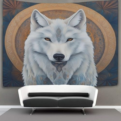 kaiyun Schamanischer Stil Tapisserie Wandbehang Weißer Wolf Wandteppiche Für Schlafzimmer Wohnzimmer Wohnheim Dekor 180cmx230cm
