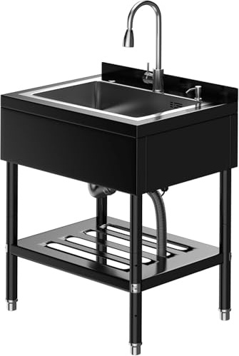 Edelstahl Spültisch 65×53×100CM, Freistehende Küchenspüle 1 Becken, Gewerbliche Spülbecken Mit Wasserhahn Kalt Und Warmwasserschläuchen, Für Waschküche Outdoorküche Gastro Geschäft Restaurant