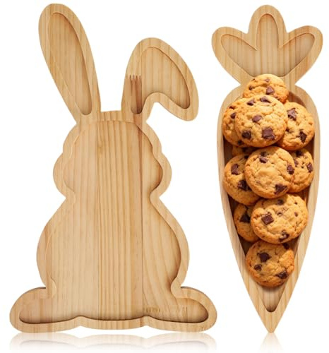 GALPADA 2pcs Wooden Easter Serving Trays Set - Bunny And Carrot Shaped Charcuterie Boards - Farmhouse Animal Dessert Platter Candy Dish for Holiday Party