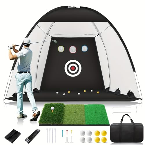 Golf Practice Net with Turf Mat Golf Hitting Aid, 8 Balls, 7 Rubber Tees, Carry Bag, Chipping net, for backyard, Garden & Indoor Use driving