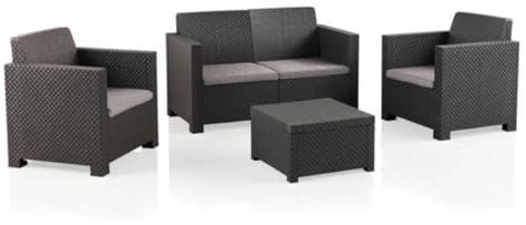 SP Berner SHAF - Conjunto Jardín Exterior y Terraza - Sofá de 2 plazas, 2 Sillones, Mesa Baja y Cojines Asiento - Plástico Reciclado - Set EVO Confort - Grafito