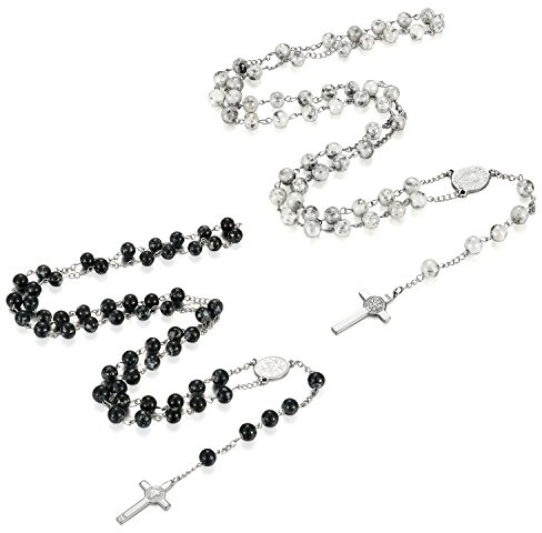 Flongo Rosenkranz Männer Kette Halskette Kugelkette Silber Schwarz Jungfrau Maria mit Jesus Kruzifix Kreuz Anhänger Perlen Klassiker