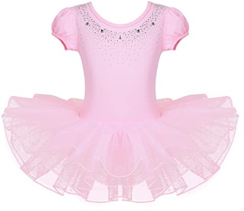 FEESHOW Mädchen Ballettkleid Kinder Ballett Trikot Leotard mit Tutu Rock Spitze Tanzkleid Ballettbekleidung Gr.92-122 Rosa 122-128