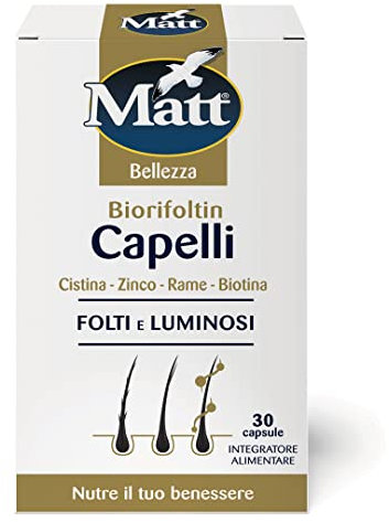 Matt, Biorifoltin Capelli, Integratore Alimentare per Capelli Folti e Luminosi a Base di Cistina, Zinco, Rame e Biotina, Confezione da 30 Compresse