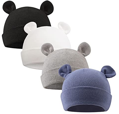 XIAOHAWANG Babymütze Neugeborene Mädchen Jungen Mütze Baby Beanie Baumwolle für 0-12 Monate Babys Unisex Erstlingsmütze (0-6Monate, Weiß + Schwarz + Grau + Dunst blau)