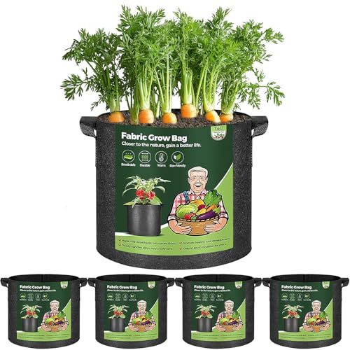 T4U 5 Gallon Plant Grow Bags with Handle Pack of 5, Fabric Pots Growing Bag, Heavy Duty Nonwoven Planter, Thickened Breathable Growbag Container for Potato Tomato Chili Strawberry Vegetables Outdoor