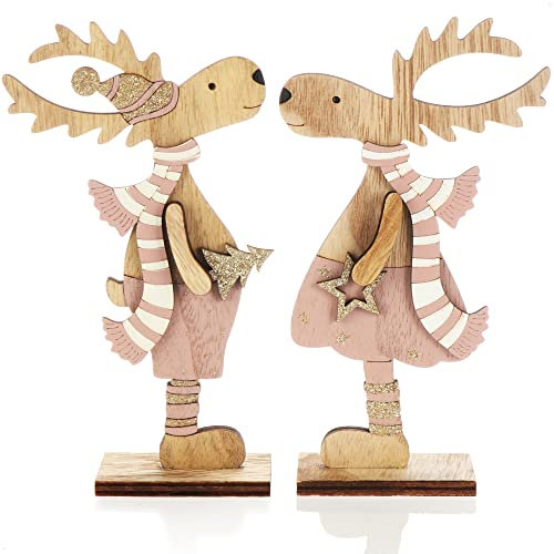 com-four® 2X Dekorativer Aufsteller für Weihnachten - Rentier aus Holz zum Hinstellen - Christmas Aufsteller zum Dekorieren und Verschenken (XL Rentier - rosa + Gold)