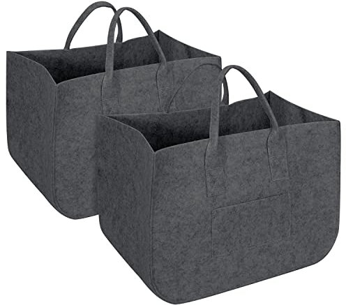 Vinsani 2 Pack Felt Storage Baskets Multifunctional Foldable Large Open Bags with Strong Handles Laundry Hamper Shopping Tote Storage Bag for Firewood Toys Books Clothes Newspapers – Dark Grey