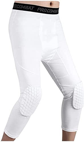 Basketball Pants with Knee Pads 3/4 Compression Leggings Capri Tights (White,XS)