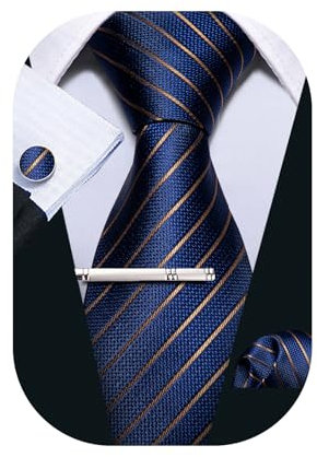 Barry.Wang Herren-Krawatte, gestreift, kariert, Seide, quadratisch, Manschettenknöpfe, Krawattenklammer, 4-teiliges Set, klassische Business-Krawatte, Blaue und braune Streifen, Einheitsgröße