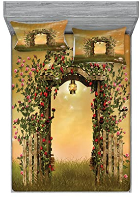 Ambesonne Roses 2 Pack Fitted Sheet & Pillow Sham Set, Garden Art with Floral Fence, 4 Pcs Bedding Decor, Package Contains 2 Calking Size Fitted Sheets & 4 Pillow Covers, Pale Brown and Green Brown