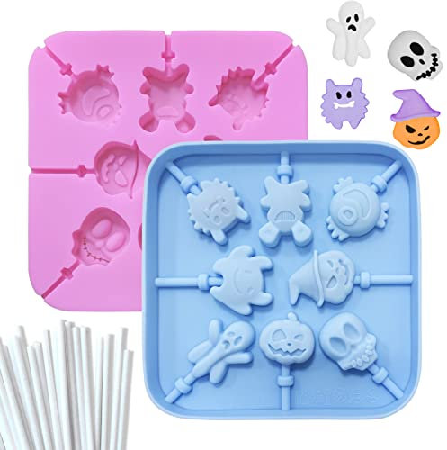 2pcs Halloween Mold,Halloween Silikon Schokoladen Lutscherform,DIY Süßigkeiten Schimmel Werkzeug für Cupcakes, Süßigkeiten, Gelee und Schokolade(blue,pink)