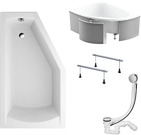KOLMAN Badewanne SELENA Eckbadewanne 160x90 Links mit Styroporverkleidung, Ablaufgarnitur und Füßen Komplettset 4in1 Premium Original Acryl Wanne Siphon