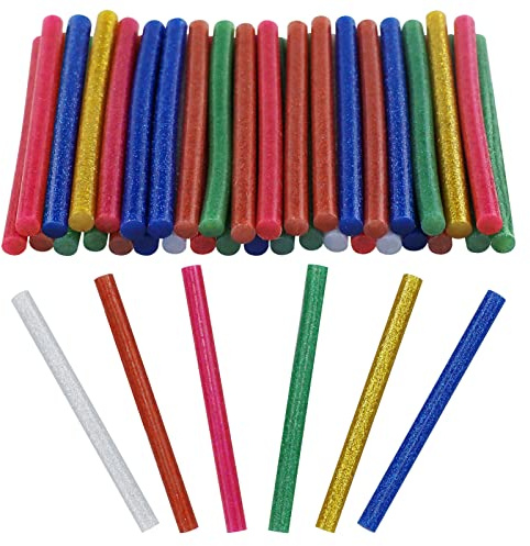 Lot de 50 bâtons de colle colorés à paillettes - 7 mm x 100 mm - Pour pistolet à colle - Bleu, vert, argent, or, violet, rouge, rose - Compatible avec la plupart des pistolets à colle