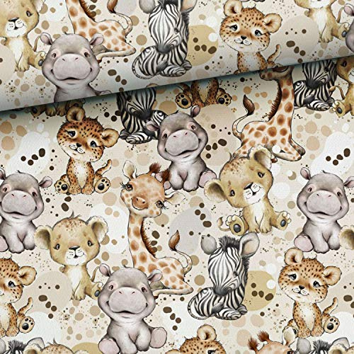 50x160cm Safari Tiere Jersey Stoff - Kinderstoffe für Jungen & Mädchen - Stoffe zum Nähen für Kinder & Baby - 92% Baumwolle - Löwe Gepard Giraffe Zebra Baumwolljersey - keine Meterware - Steppenliebe