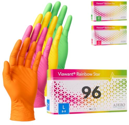 Viawant® Rainbow Star Einweghandschuhe Bunt 96 Stück | Größe L | Nitrilhandschuhe Puderfrei & Latexfrei | Reißfeste Einmalhandschuhe in Grün, Pink, Gelb & Orange – je 24 Stück