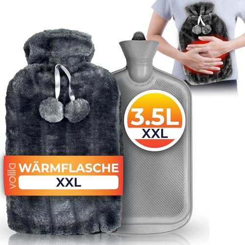 volila 3.5 L XXL Wärmflasche mit Bezug - Süße Wärmeflasche Grau mit Weichem Kunstfell-Wärmflaschenbezug - Für Frauen Schmerzlinderung